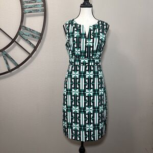 Banana Republic Dress 6 EUC Green Black Geometric Print Sleeveless Sheath